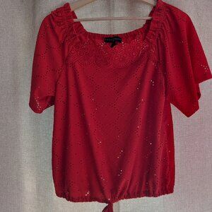 Fred David Red Lace Eyelet Fabric Flower Patterned Blouse Tie at Waist, Size S